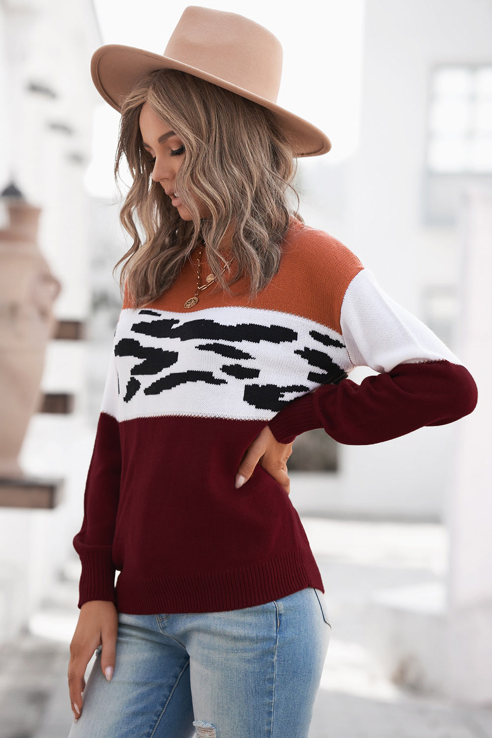Leopard Color Block Ribbed Trim Dropped Shoulder Sweater