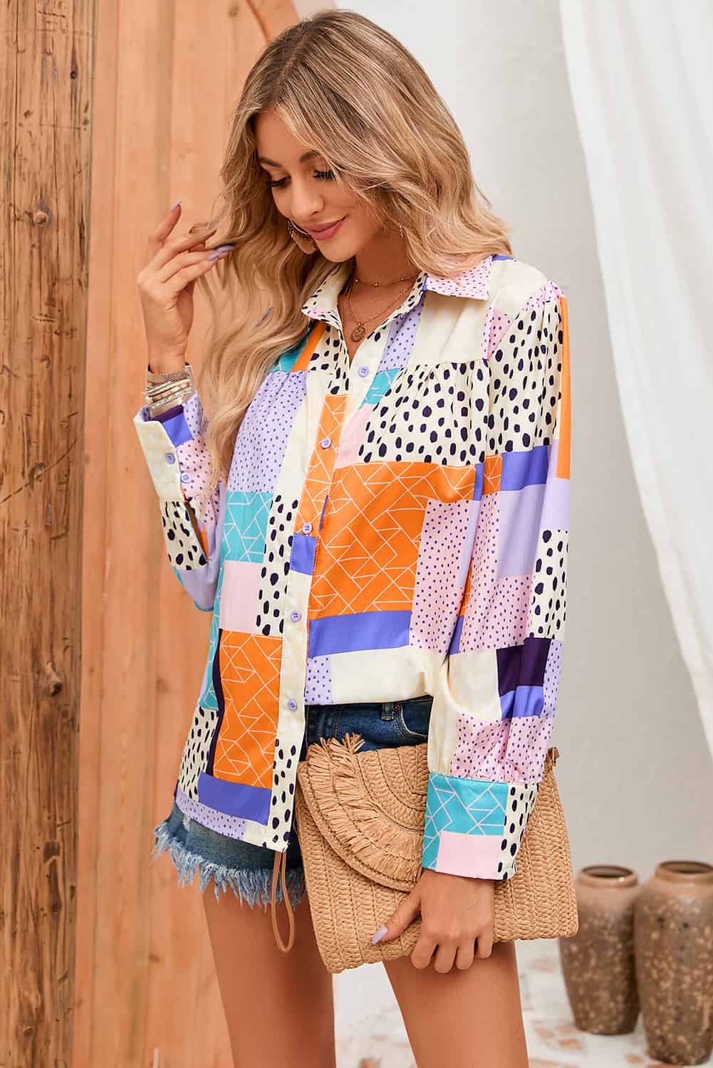 Double Take Patchwork Puff Sleeve Collared Shirt