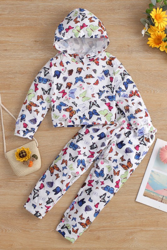 Girls Butterfly Pattern Hoodie and Pants Set