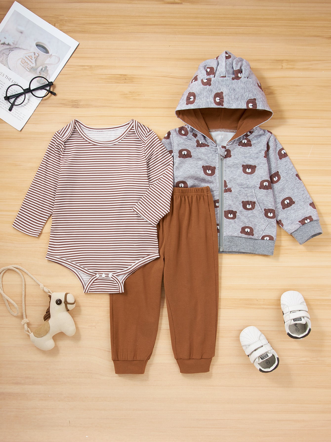 Girls Striped Bodysuit Solid Pants and Bear Hoodie Set