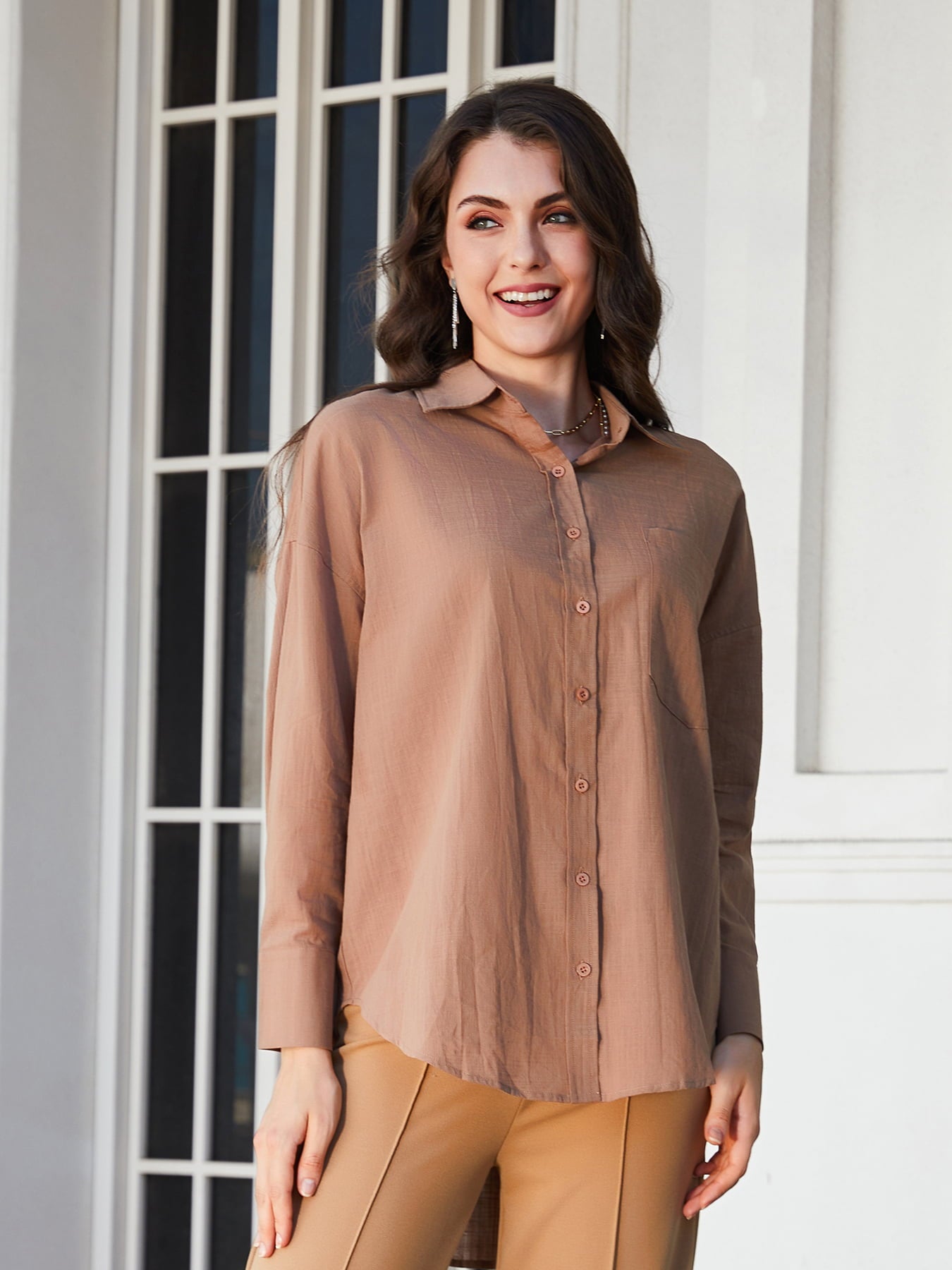 Double Take Dropped Shoulder Collared High-Low Shirt
