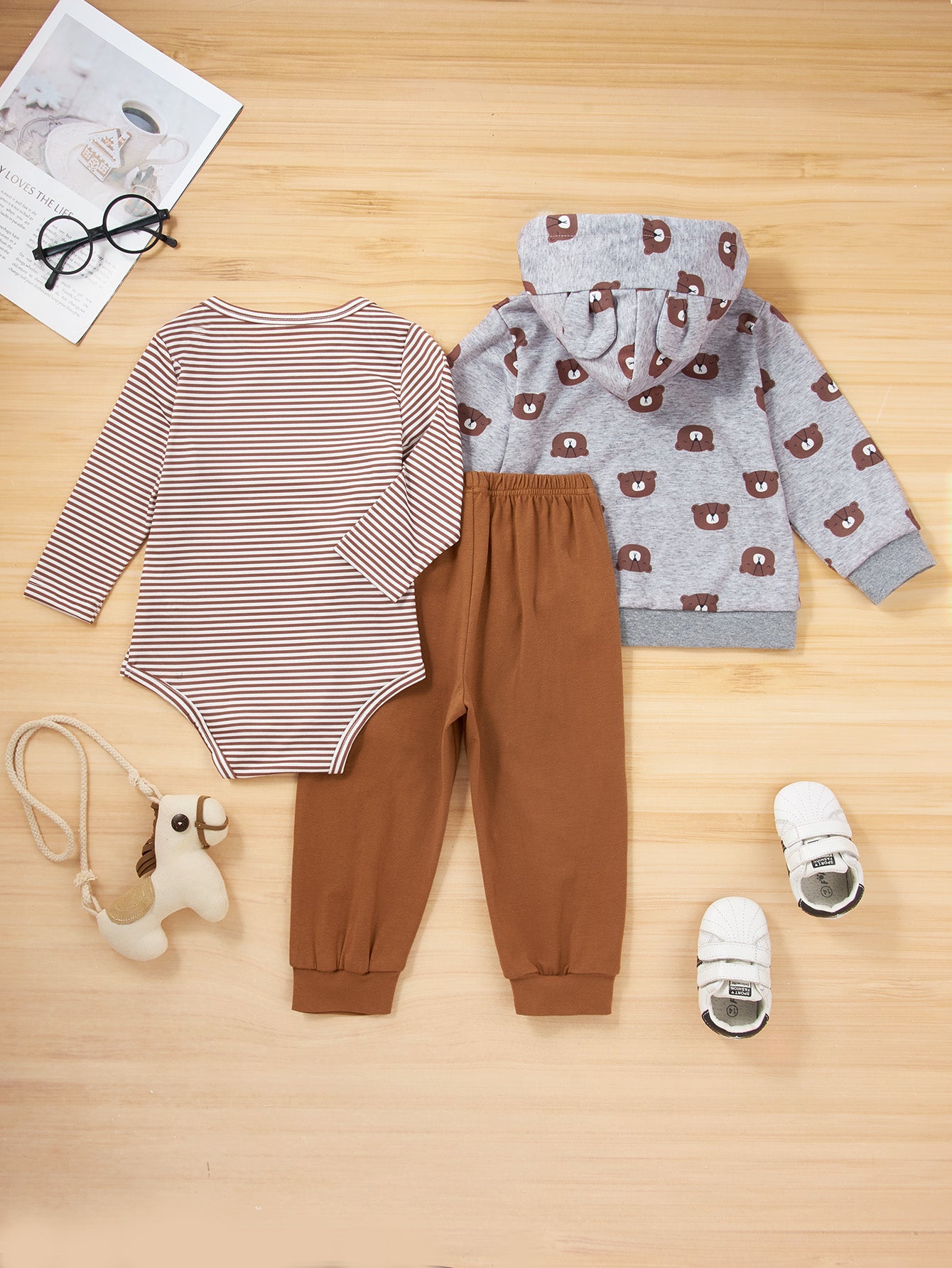 Girls Striped Bodysuit Solid Pants and Bear Hoodie Set