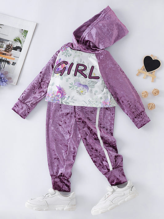 Girls Floral Crushed Velvet Hoodie and Side Stripe Pants Set