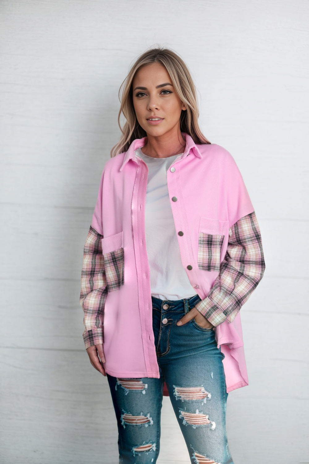 Dropped Shoulder Plaid Print Collared Neck Shirt