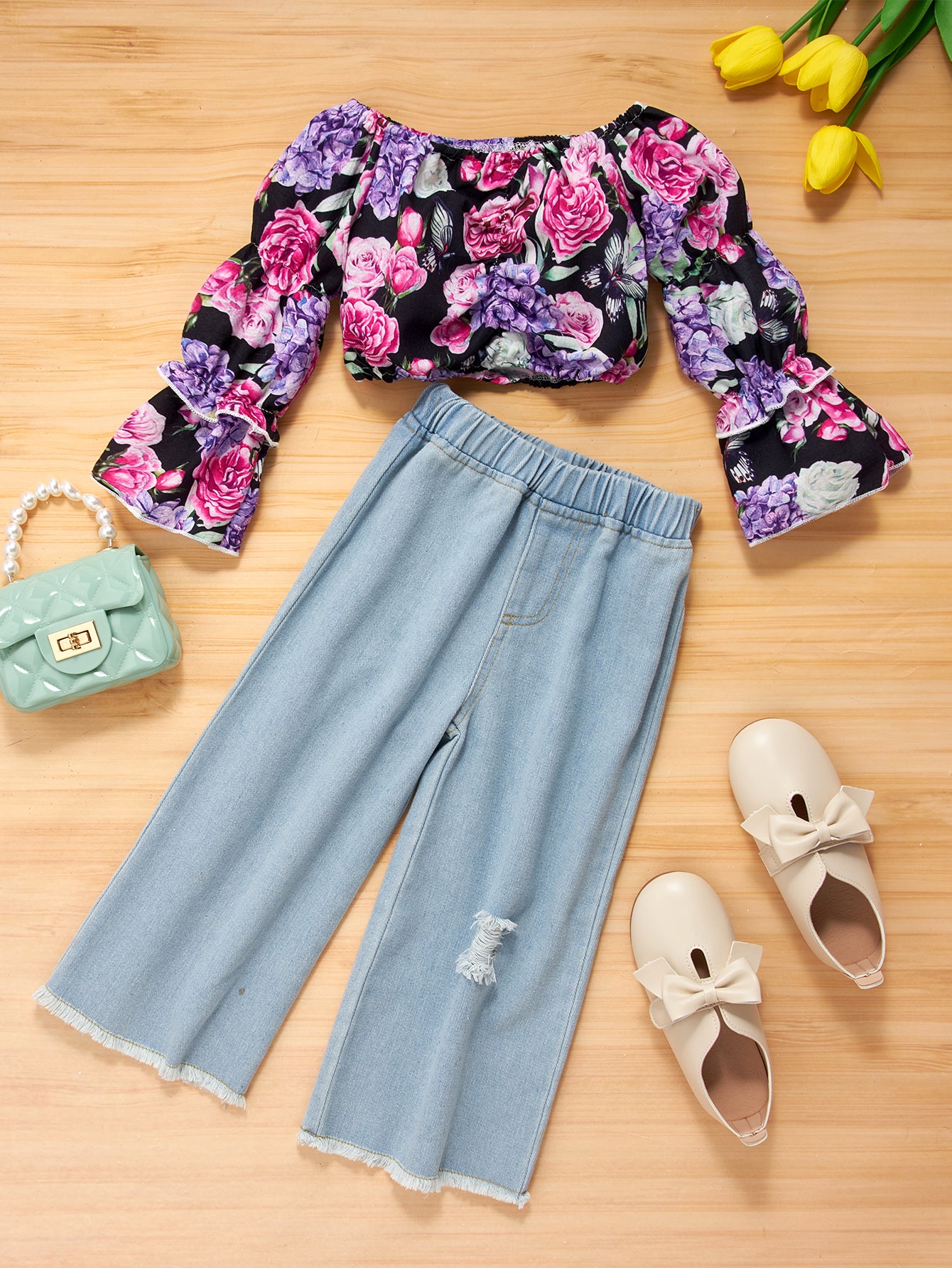 Girls Floral Flared Sleeve Crop Top and Wide Leg Jeans Set