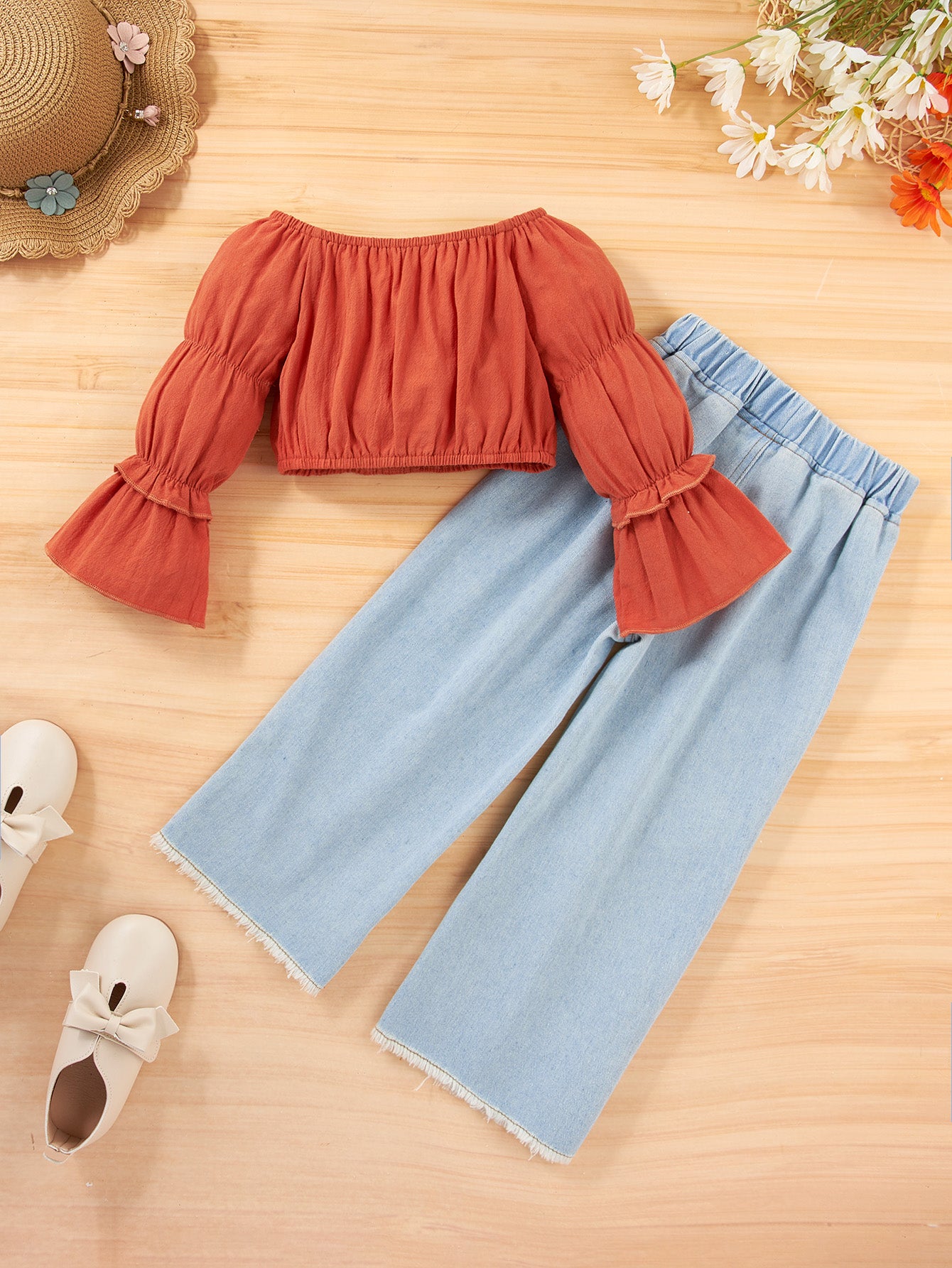 Girls Flared Sleeve Top and Jeans Set