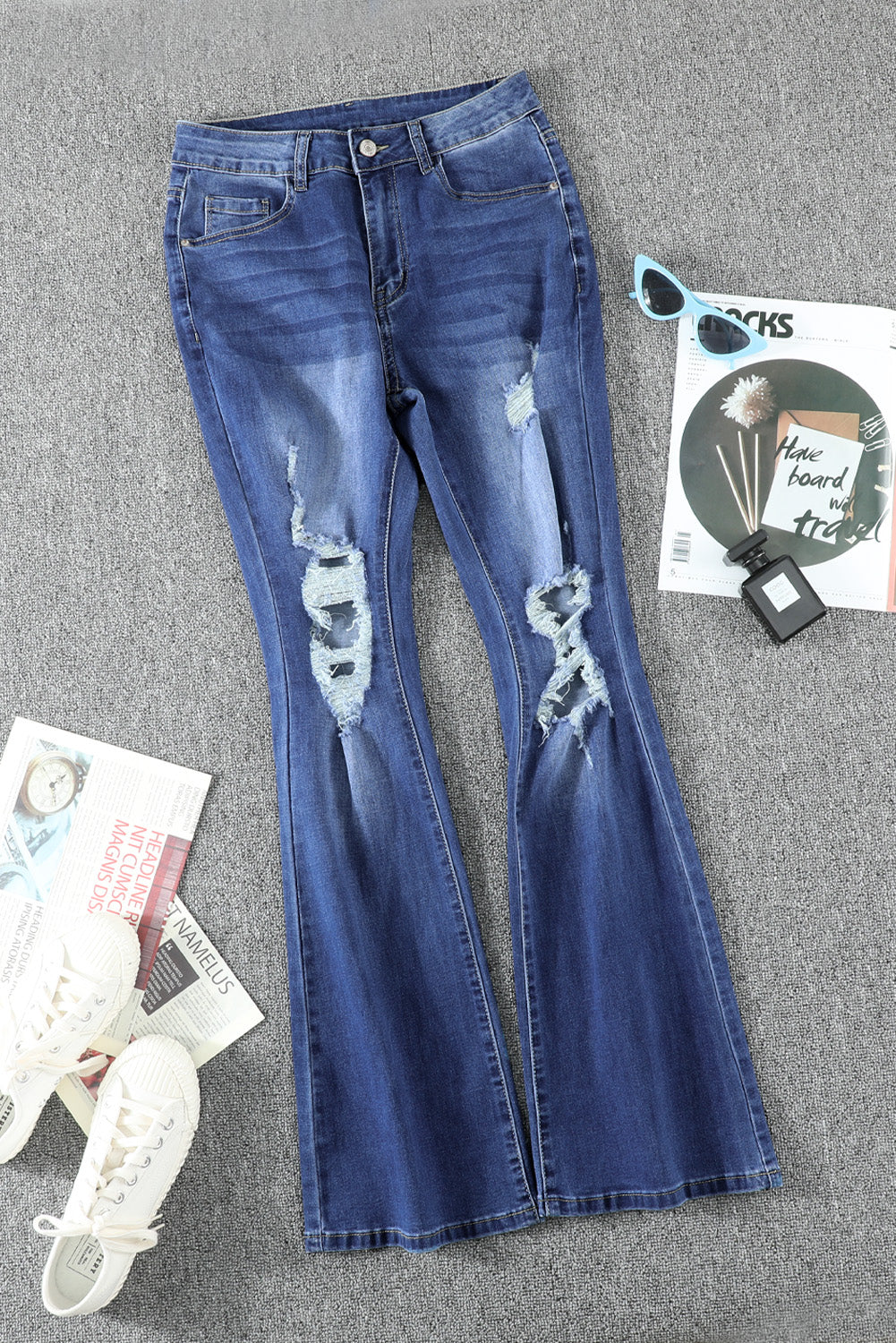 Mid Rise Distressed Flared Jeans