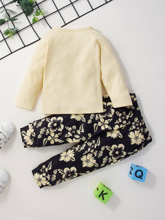 Girls Waffle Top and Floral Pants Set