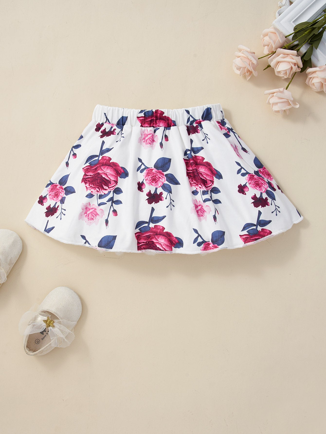Girls Waffle Bow Detail Top and Floral Skirt Set
