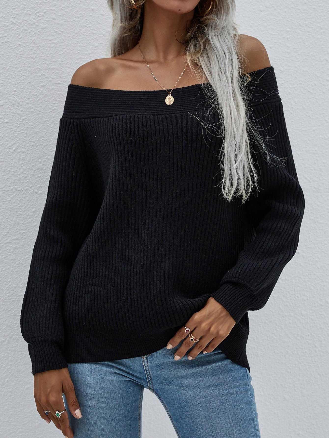 Double Take Off-Shoulder Rib-Knit Sweater