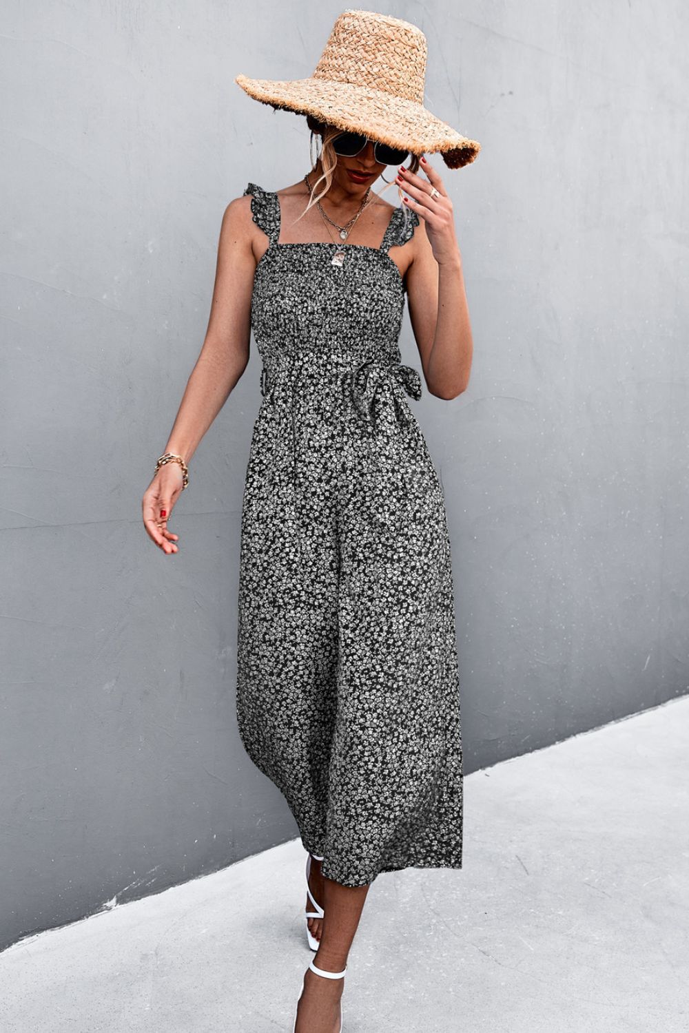 Printed Ruffle Strap Smocked Belted Jumpsuit