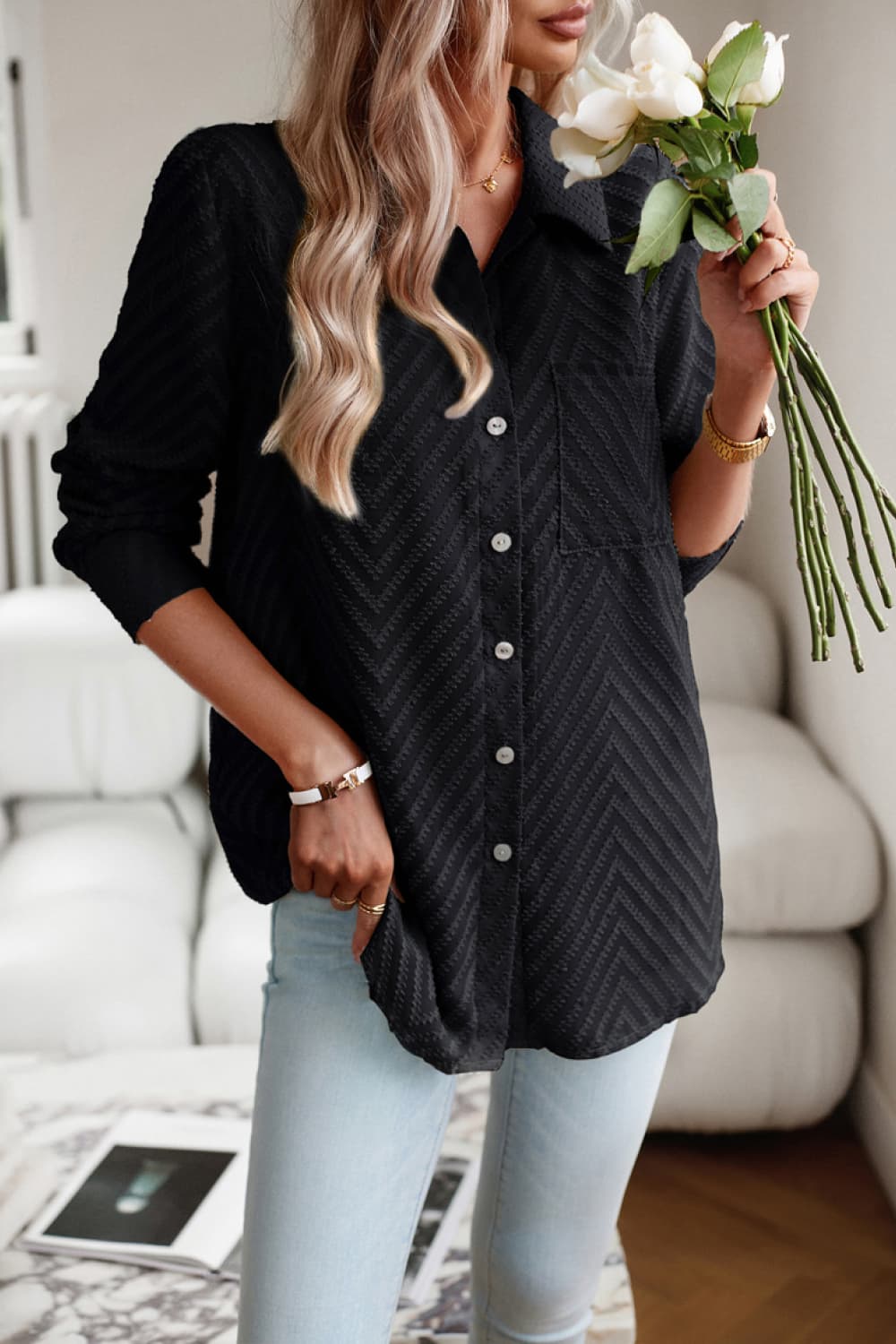 Collared Neck Long Sleeve Pocketed Shirt