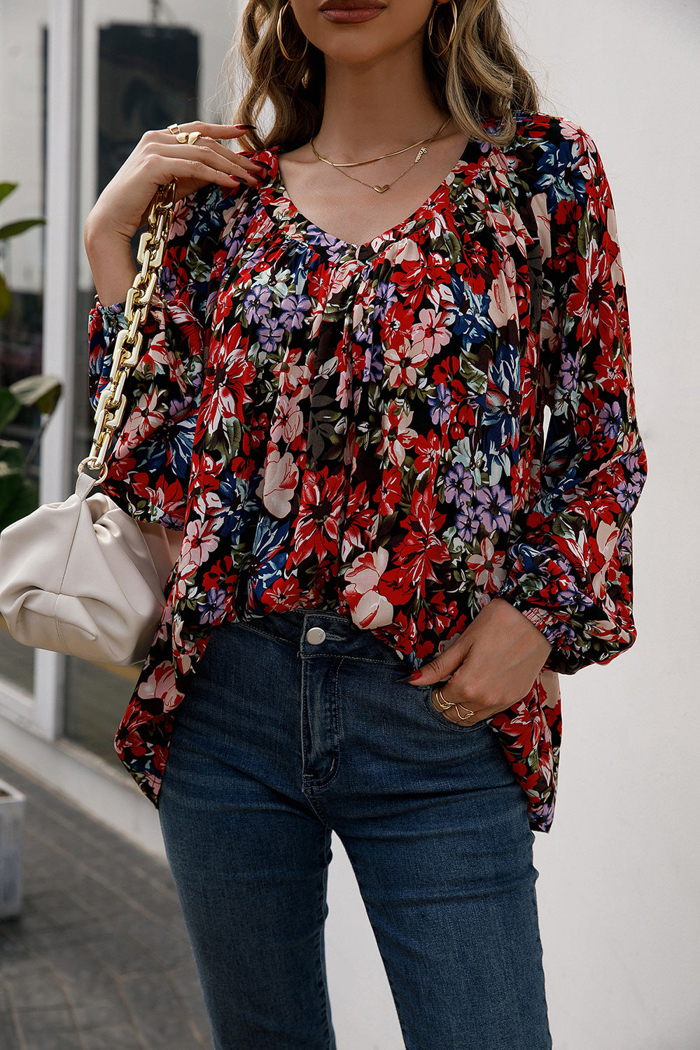 Floral Print Balloon Sleeve Ruched Blouse