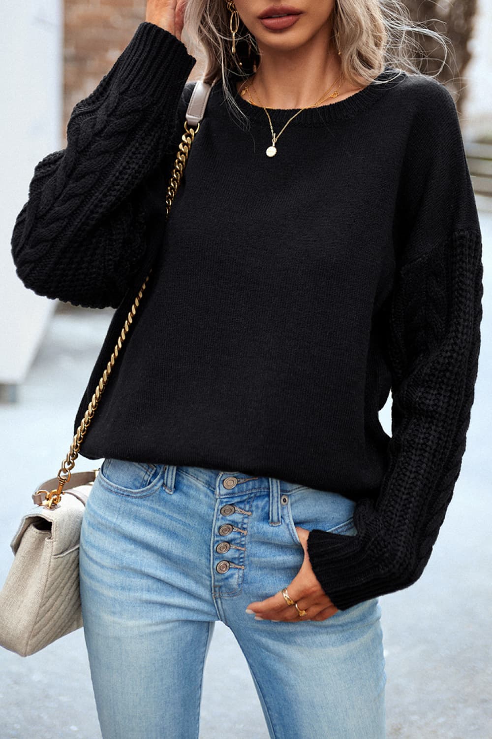 Cable-Knit Round Neck Drop Shoulder Sweater