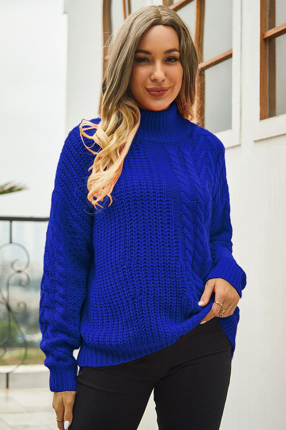Cable-Knit Turtle Neck Long Sleeve Sweater