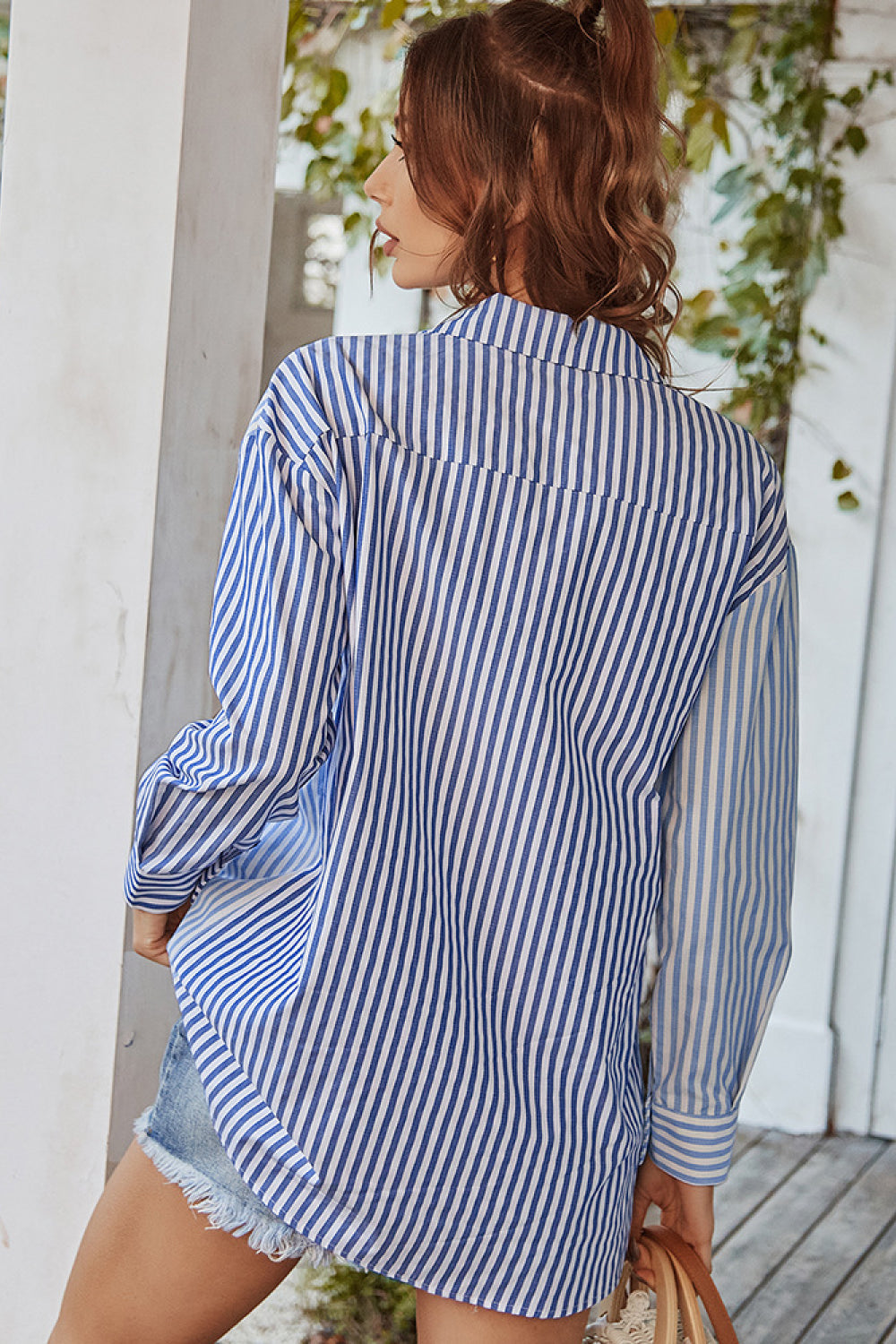 Vertical Stripes Button Down Shirt with Pocket