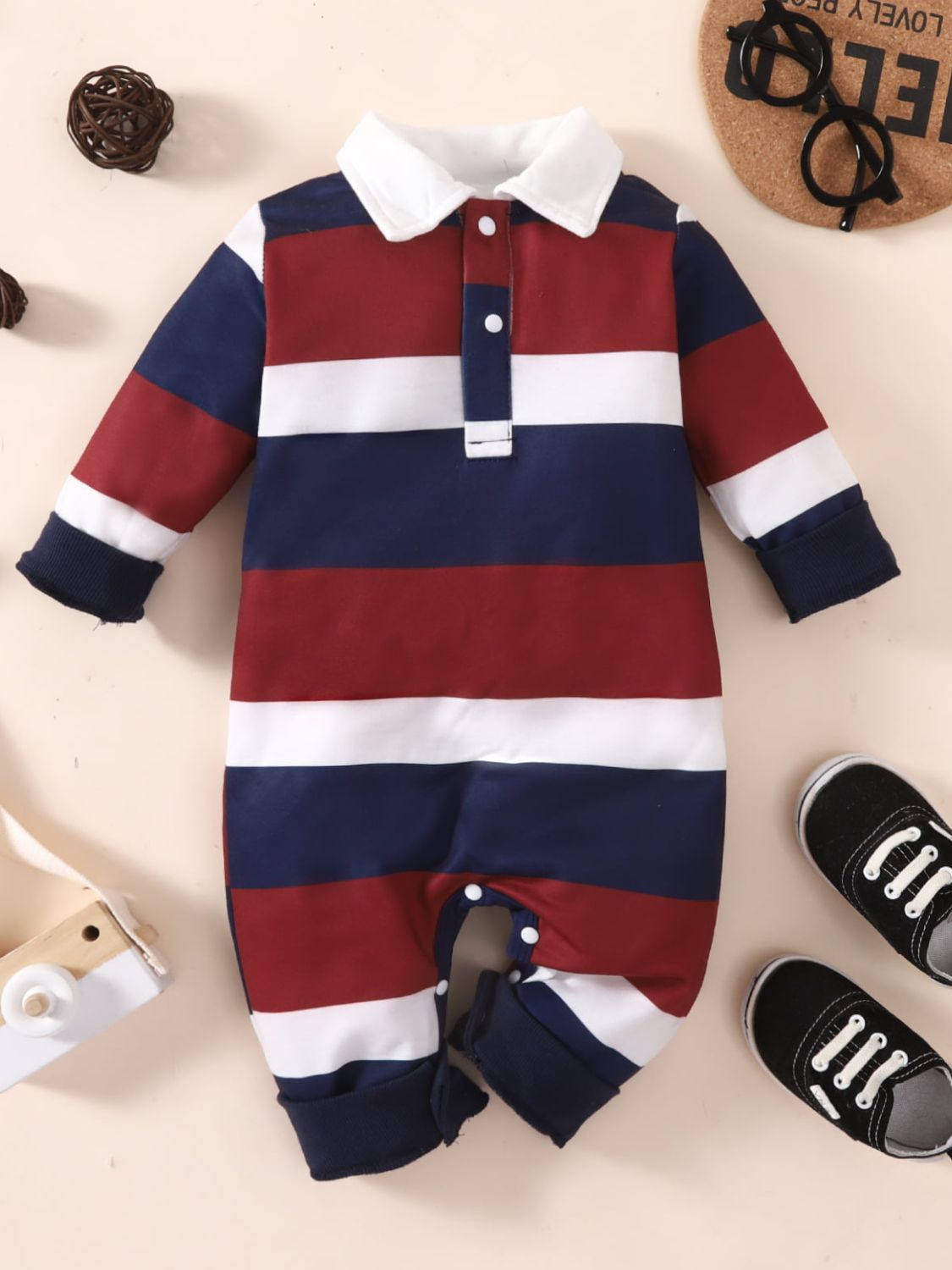 Baby Striped Collared Neck Jumpsuit