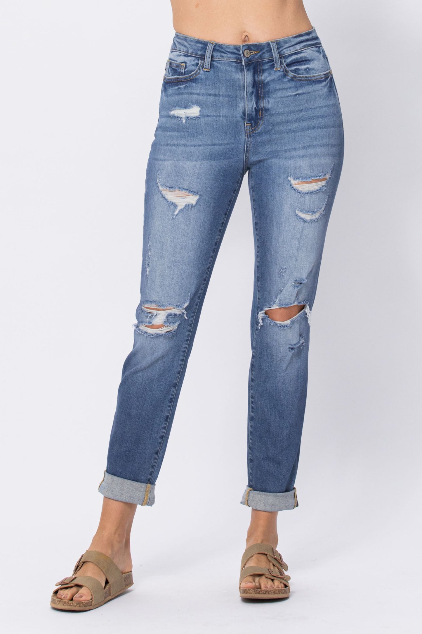 Mid Rise Cuffed Distressed Jeans