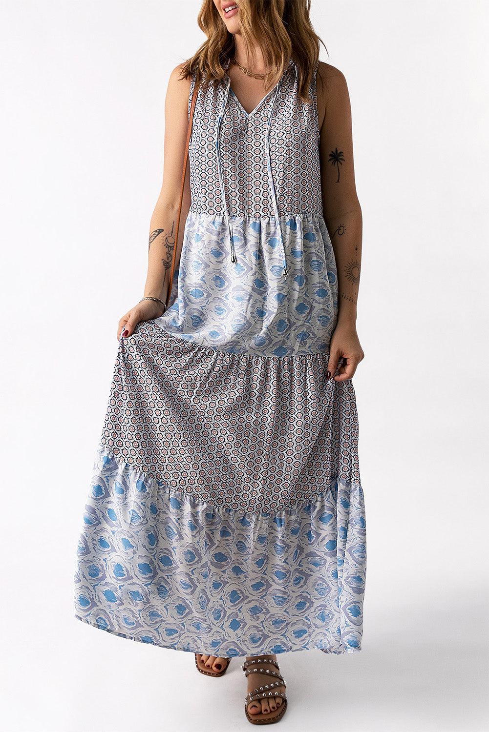 Mixed Print Tie-Neck Sleeveless Maxi Dress