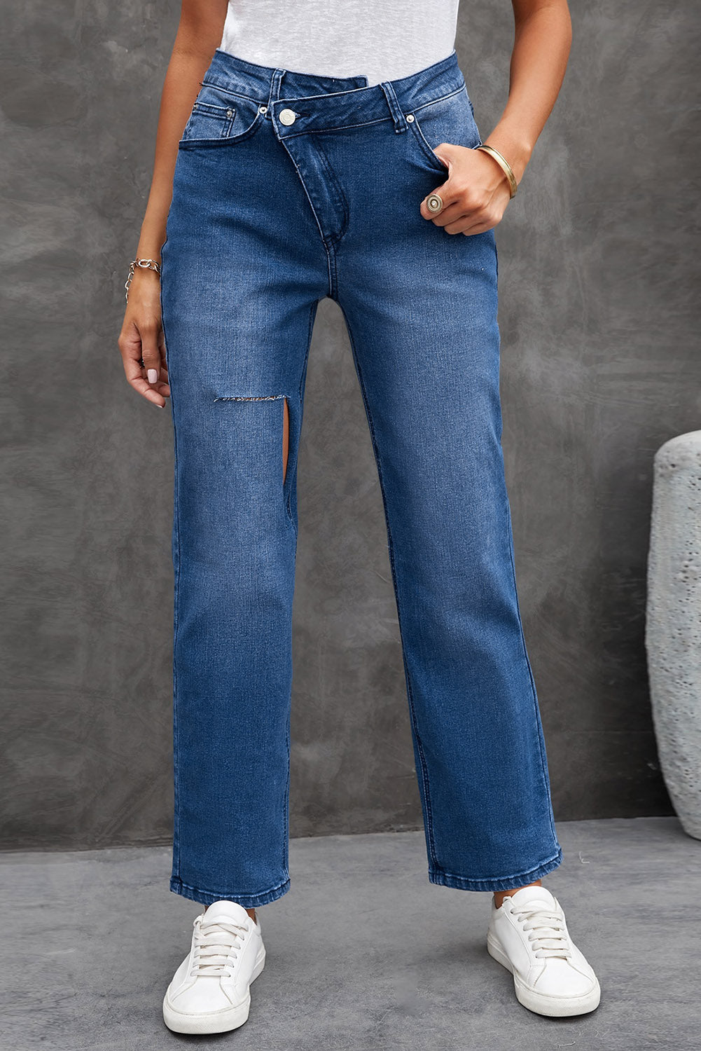 Asymmetrical High Waist Distressed Jeans