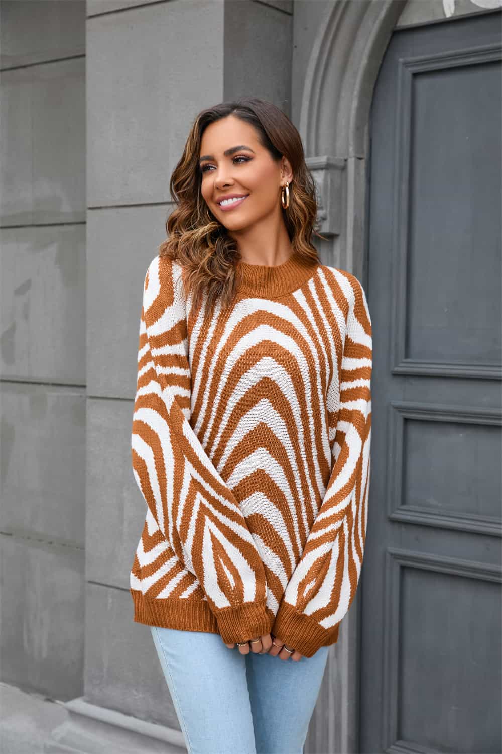 Printed Round Neck Long Sleeve Pullover Sweater