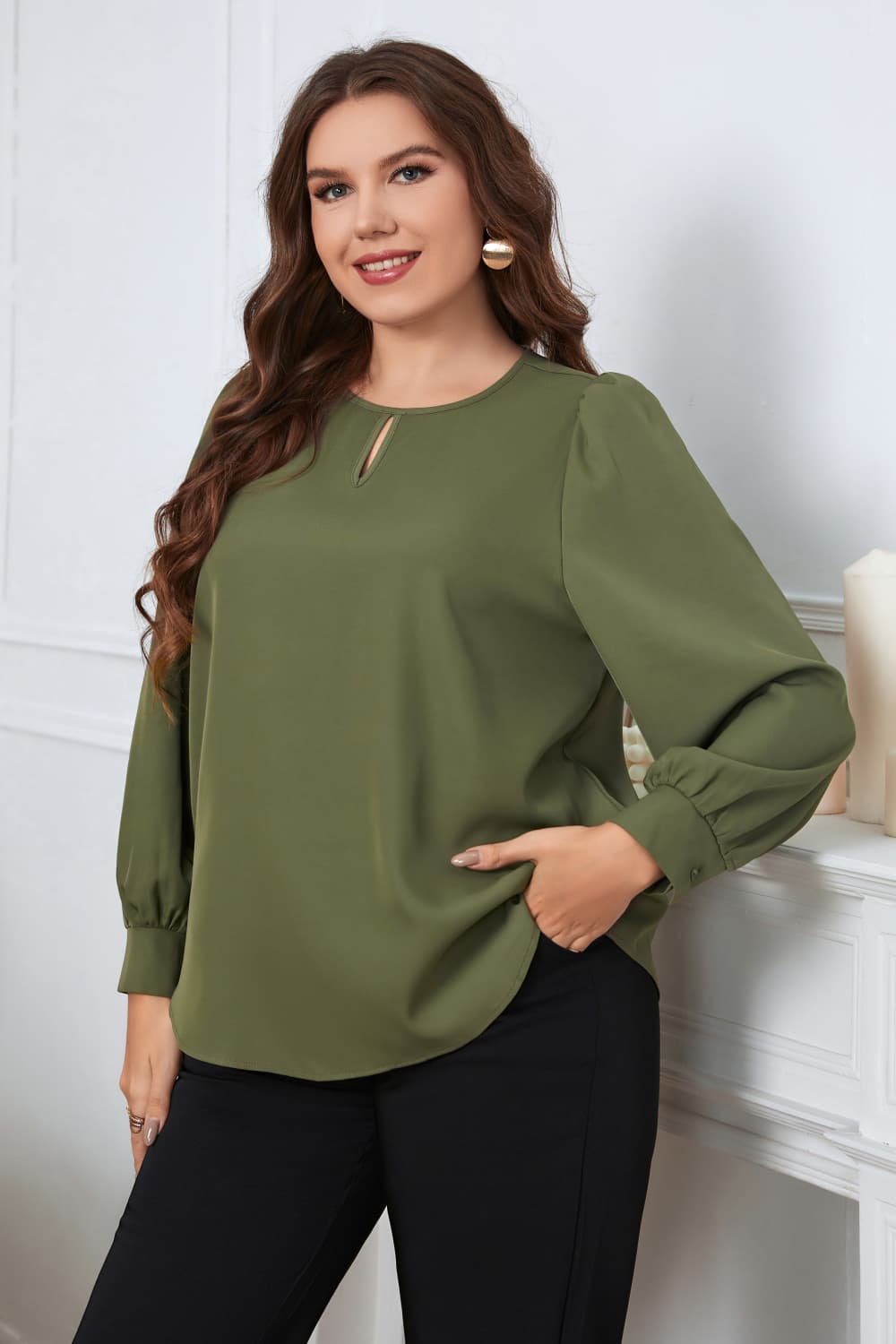 Melo Apparel Plus Size Round Neck Long Sleeve Blouse