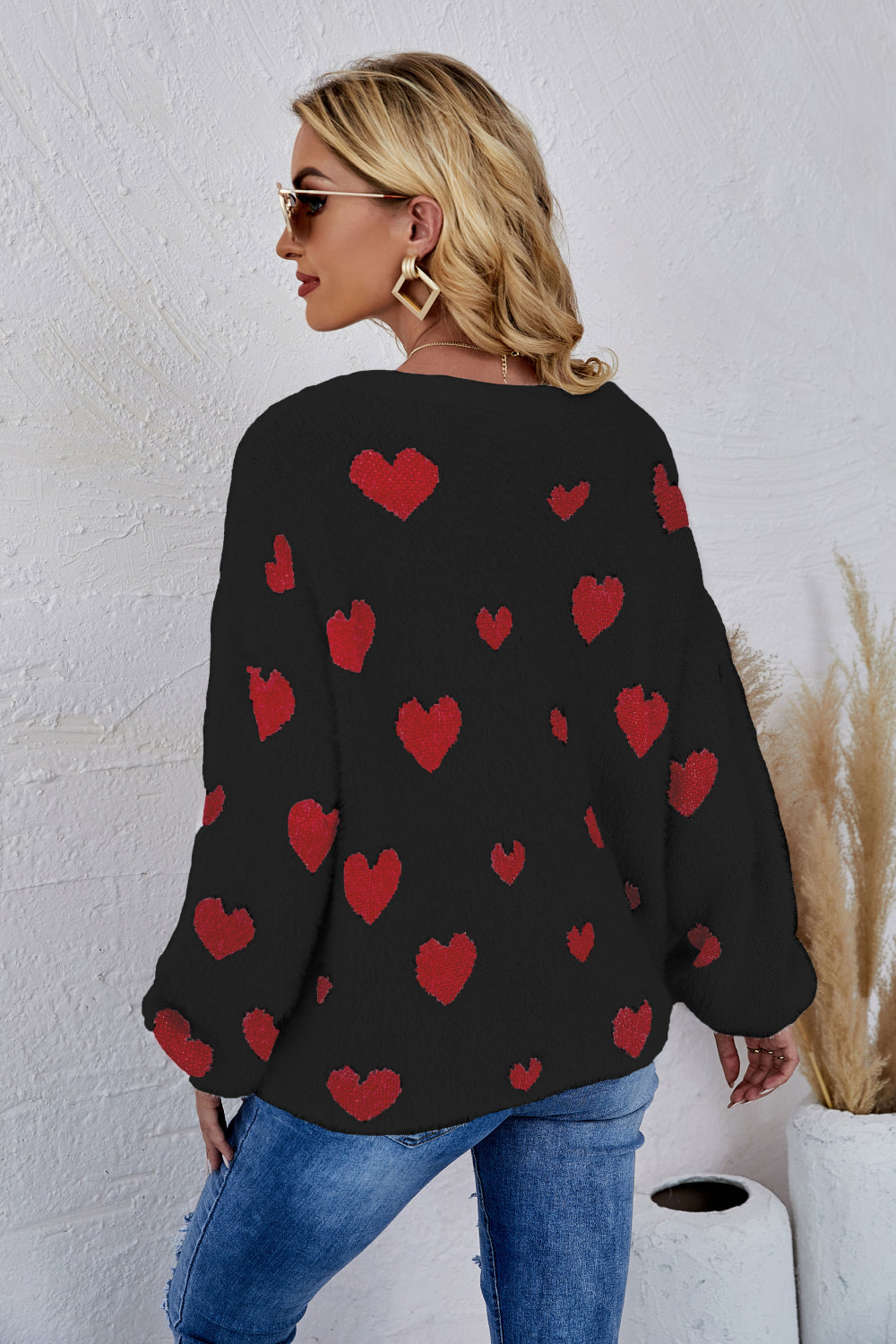 Woven Right Heart Print Fuzzy Crewneck Long Sleeve Sweater