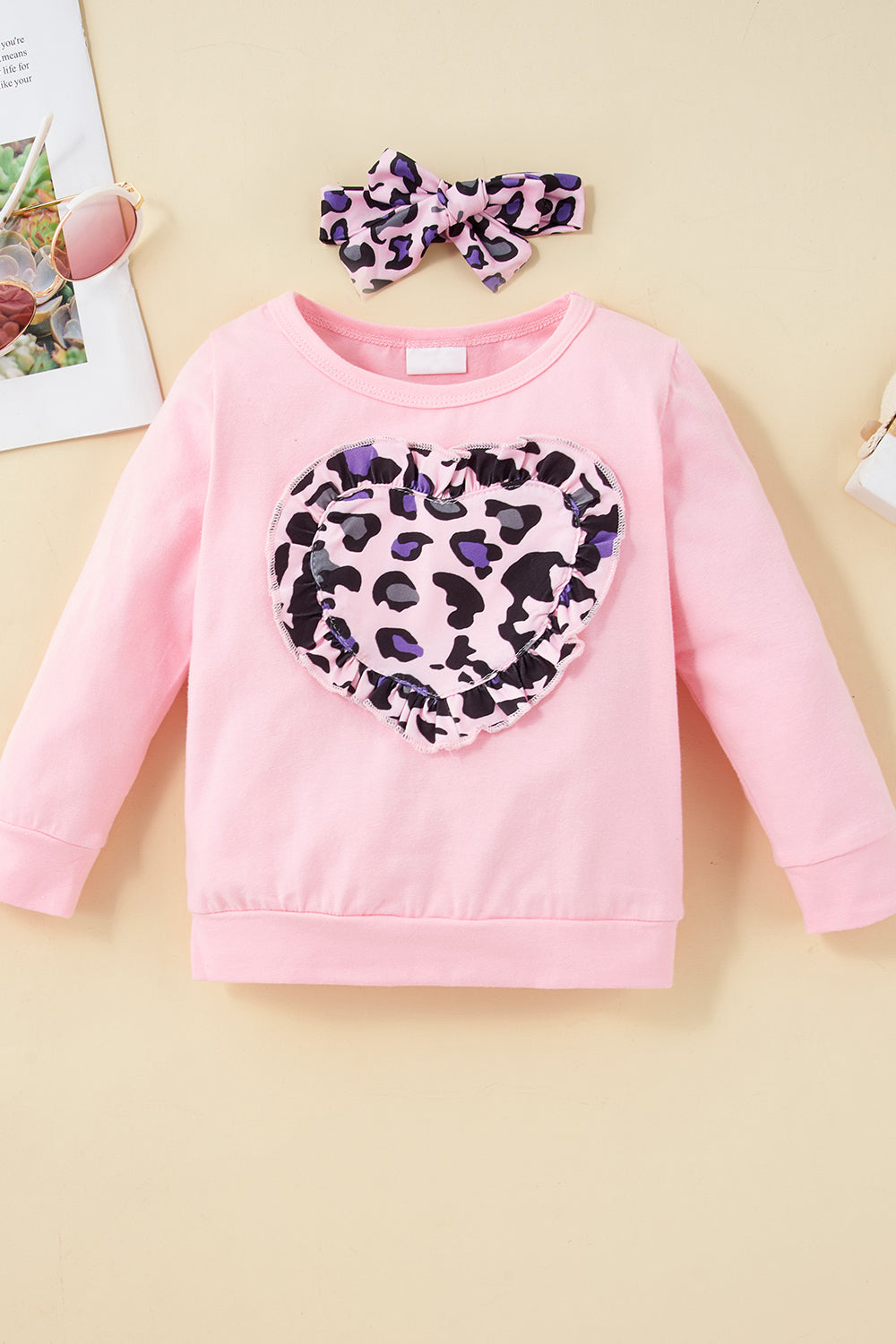 Girls Leopard Print Heart Graphic Set with Bow