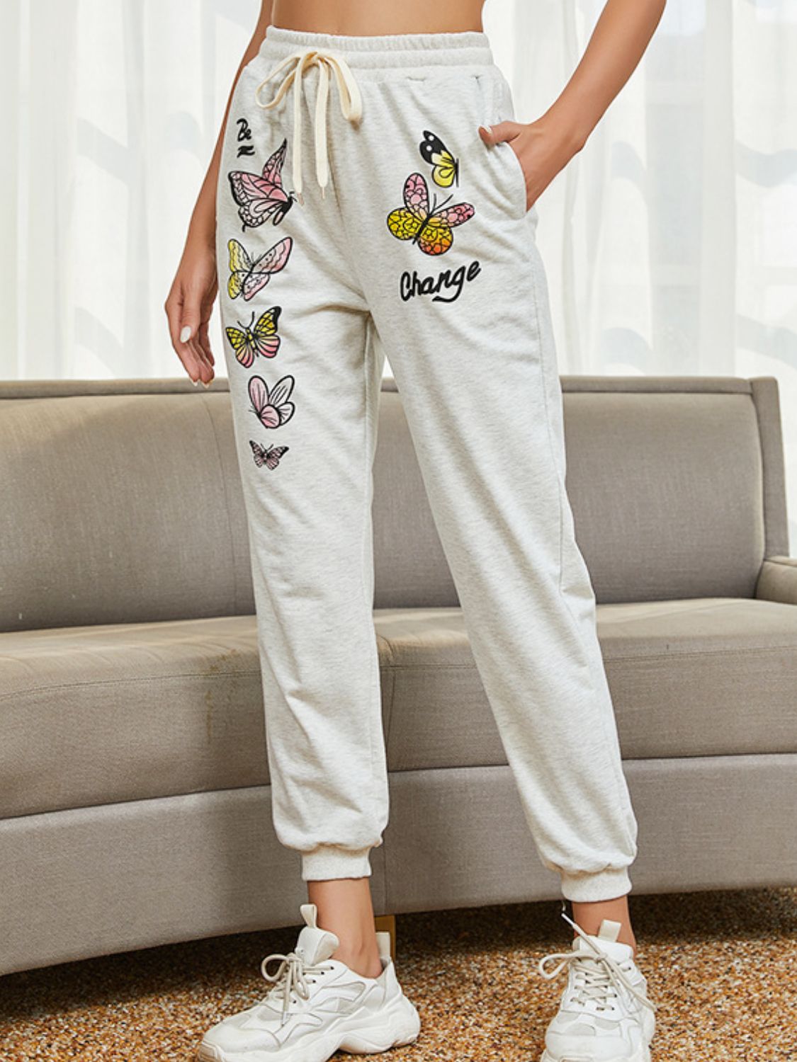 Tie Front Butterfly Graphic Long Pants