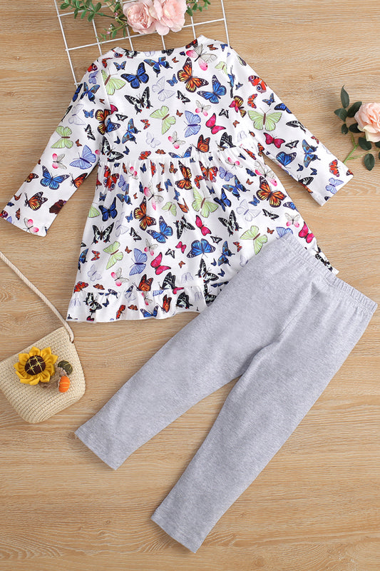 Girls Butterfly Pattern Dress and Pants Set