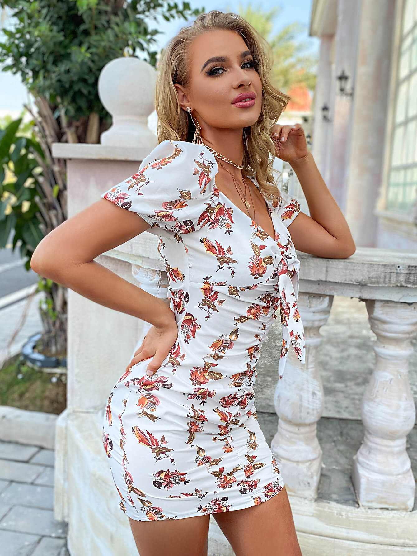 Floral Ruched Puff Sleeve Mini Dress