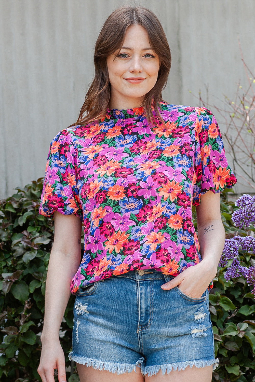 Floral Print Puff Sleeve Round Neck Blouse