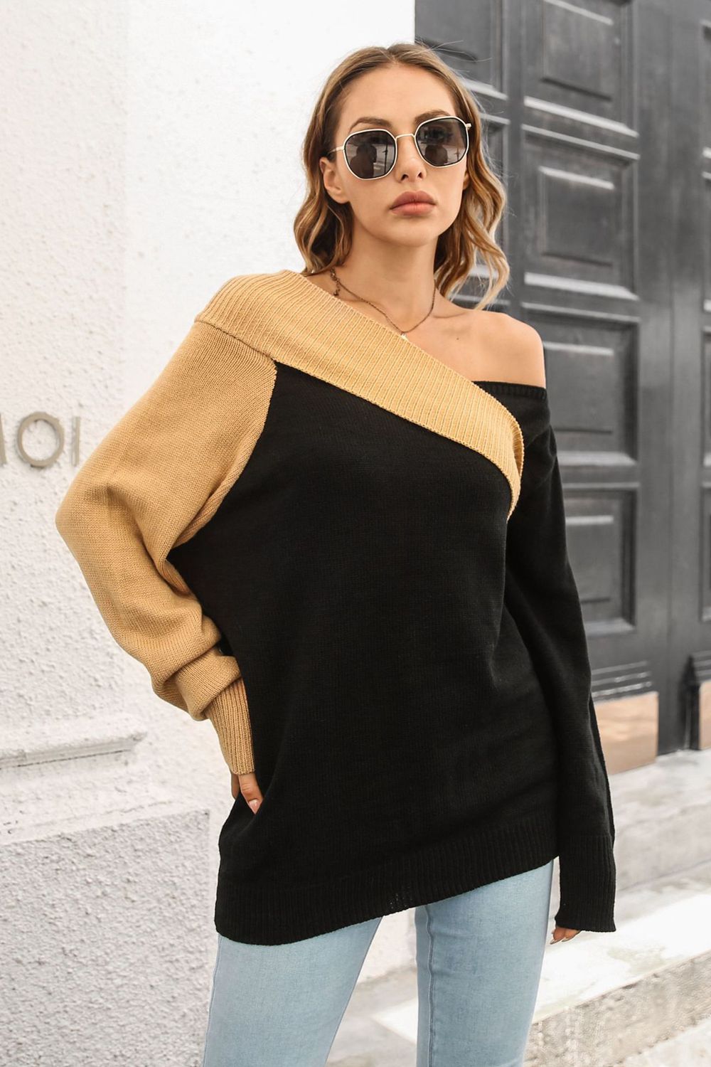 Ribbed Off-Shoulder Lantern Sleeve Pullover Sweater