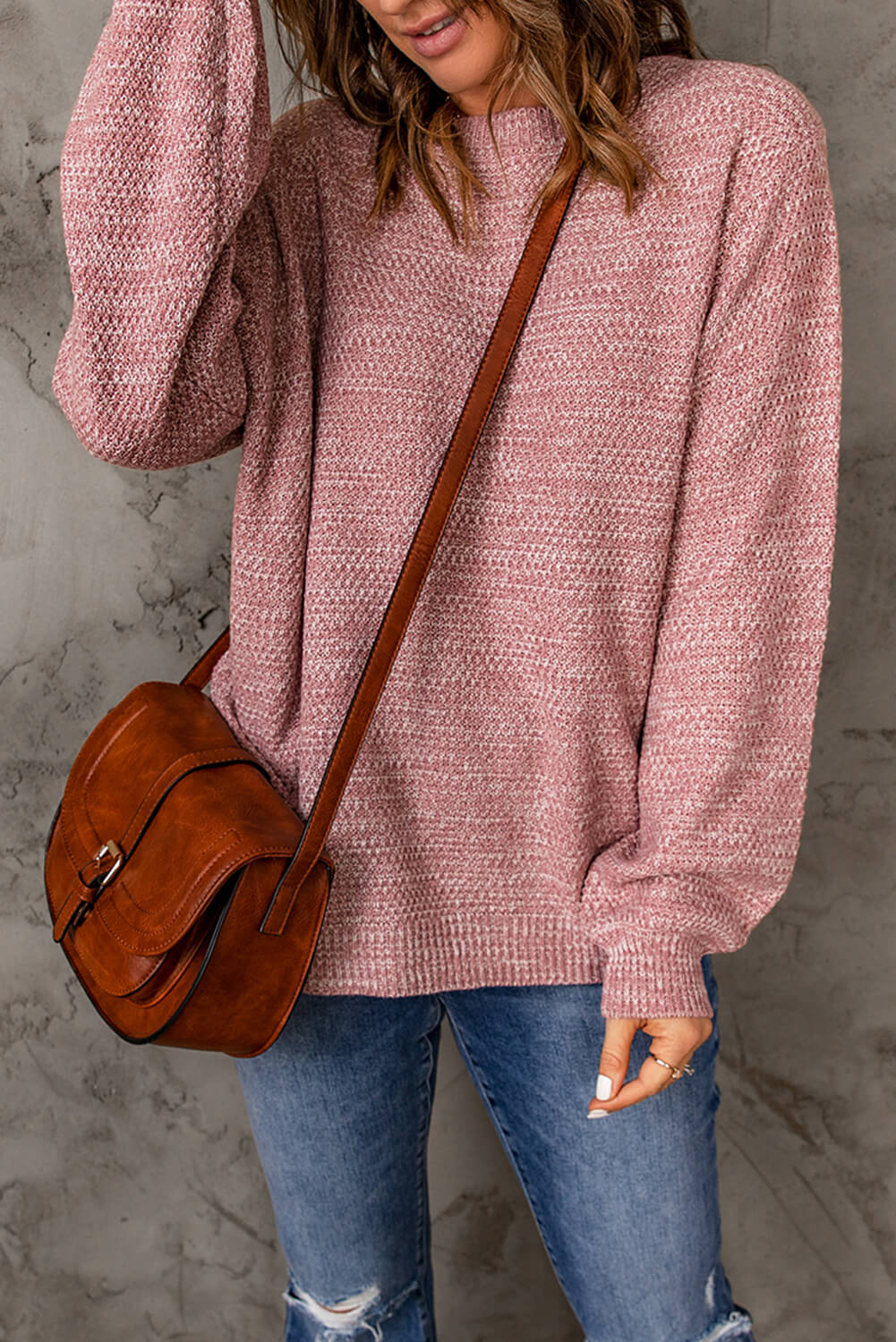 Double Take Heathered Dropped Shoulder Round Neck Sweater