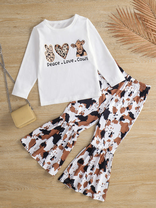 Girls Graphic T-Shirt and Cow Print Pants Set