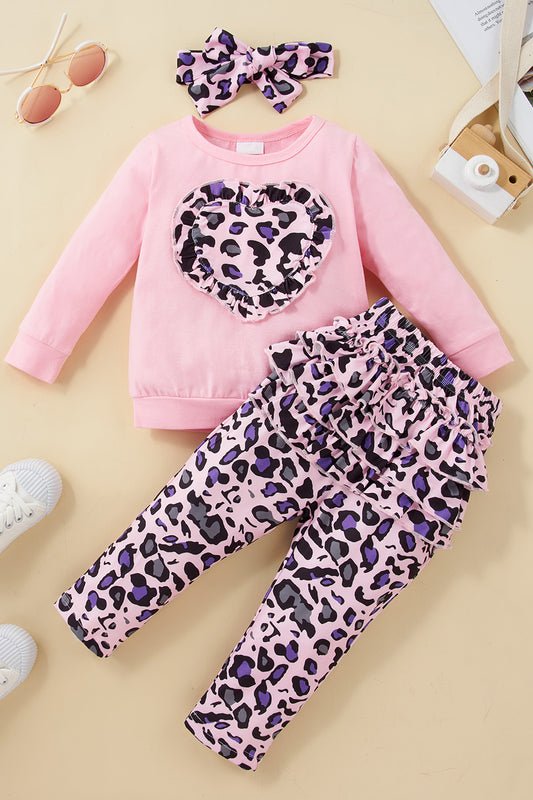 Girls Leopard Print Heart Graphic Set with Bow