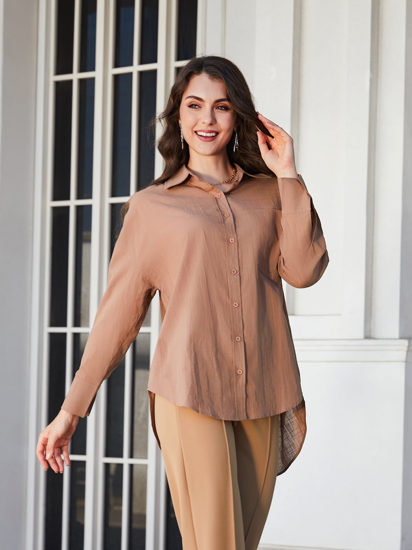 Double Take Dropped Shoulder Collared High-Low Shirt