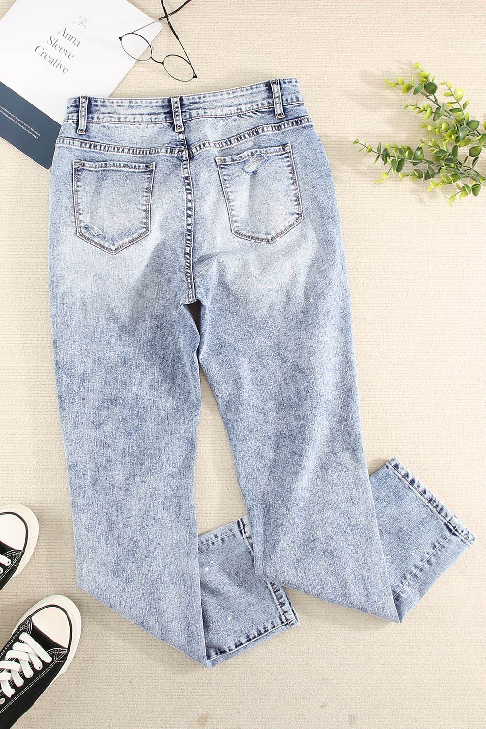 Splatter Distressed Acid Wash Jeans with Pockets