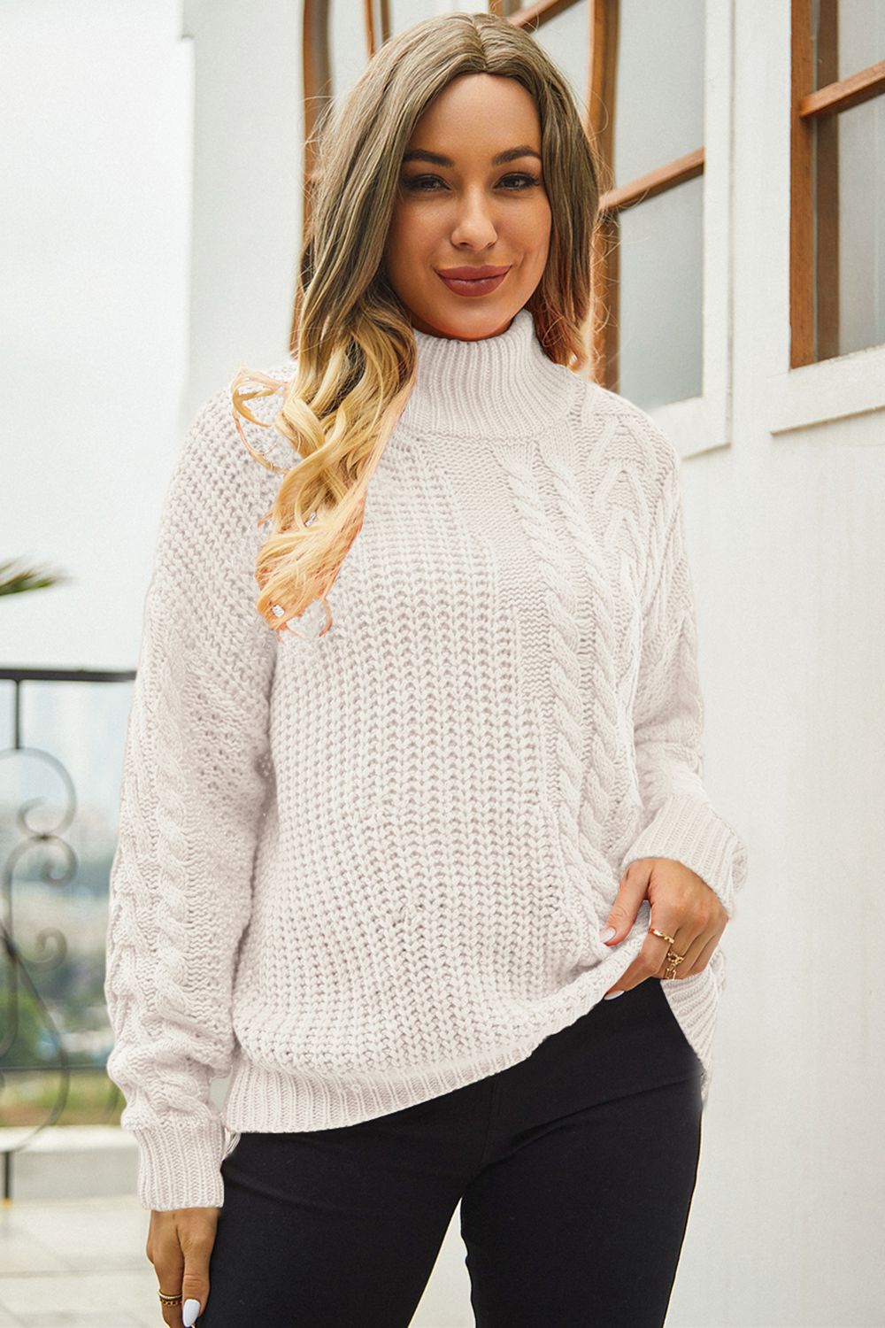 Cable-Knit Turtle Neck Long Sleeve Sweater