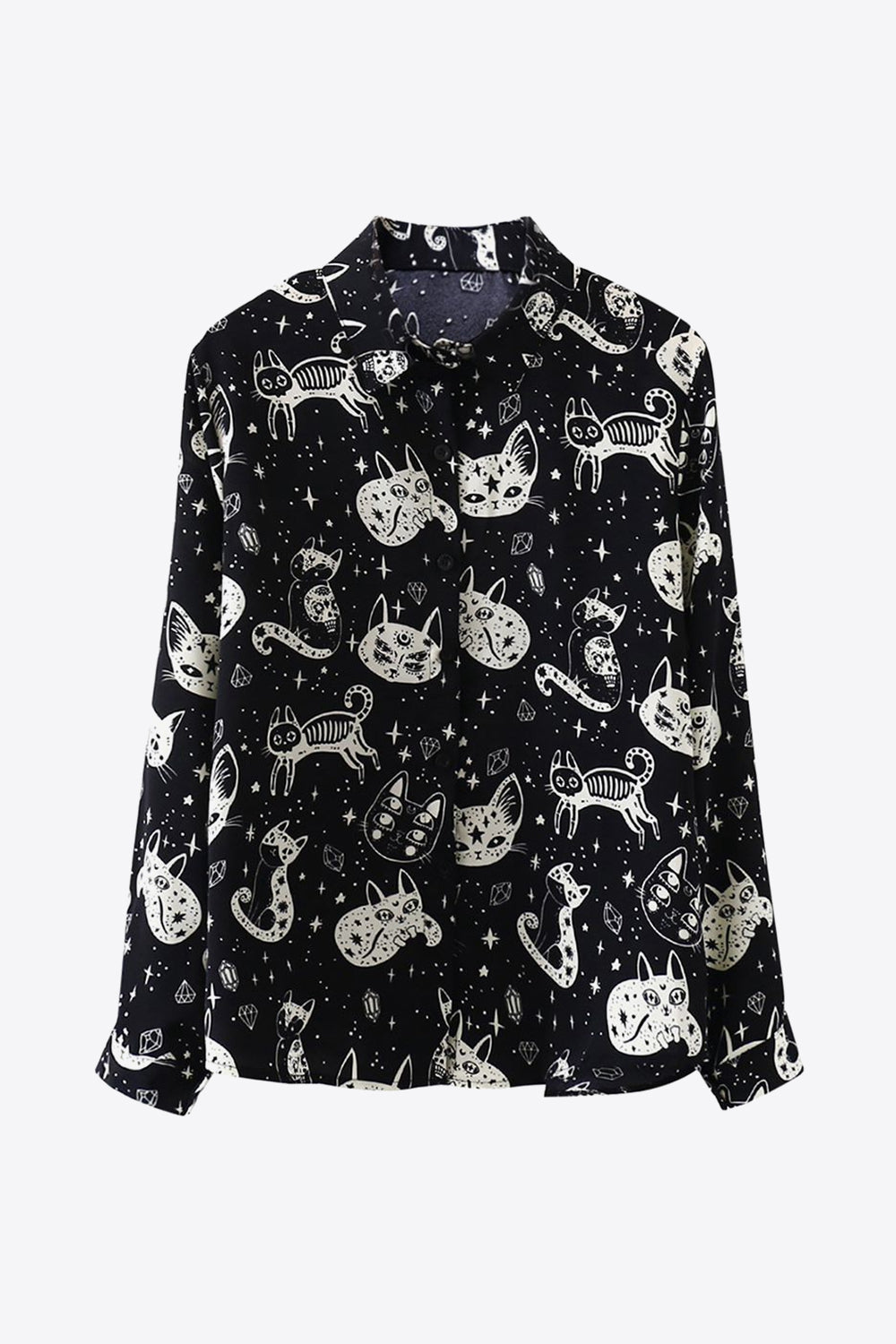 Cat Print Button-Up Shirt