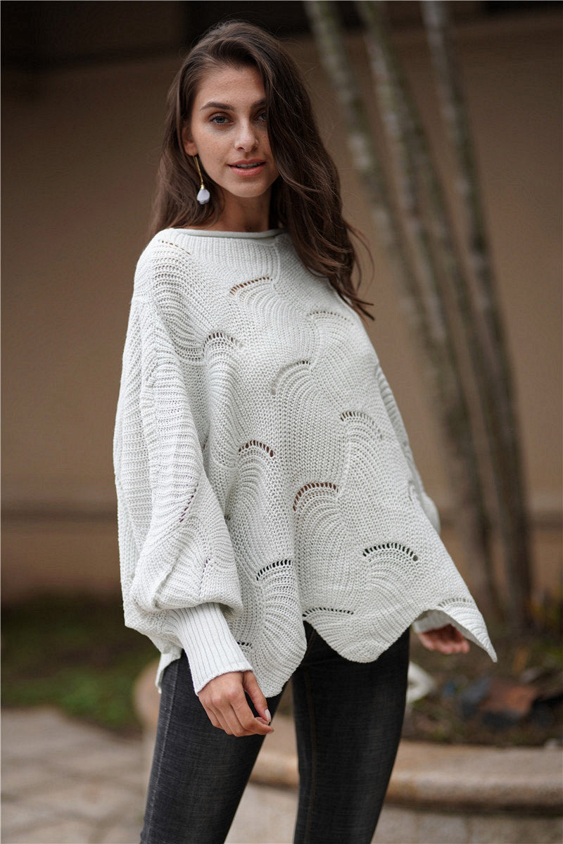 Double Take Openwork Boat Neck Sweater with Scalloped Hem