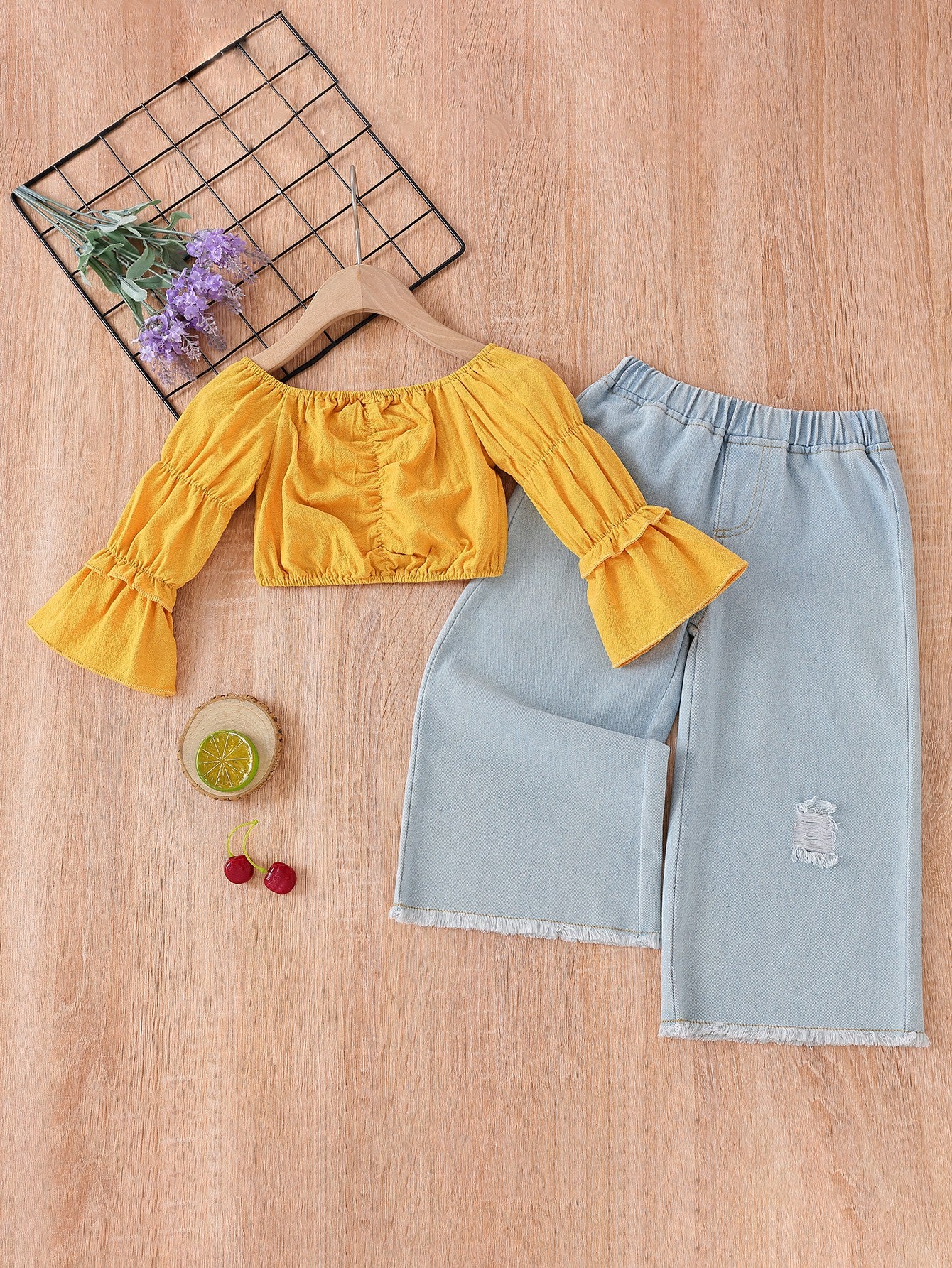 Girls Flared Sleeve Crop Top and Jeans Set