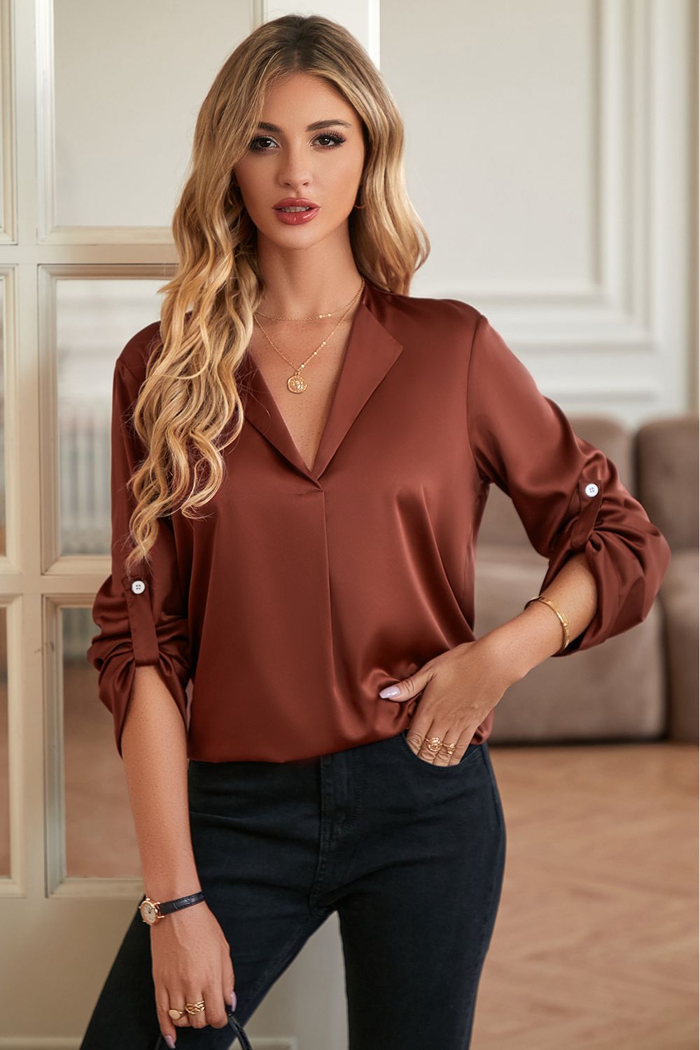Roll-Tab Sleeve Collared Neck Blouse