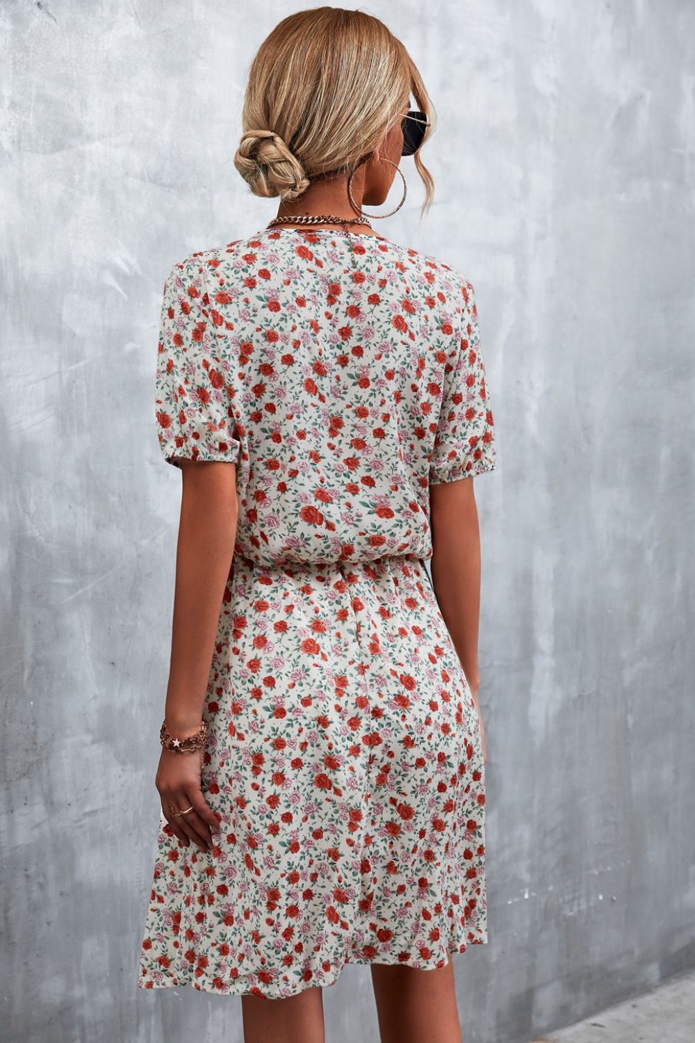 Floral Tie-Neck Short Sleeve Mini Dress