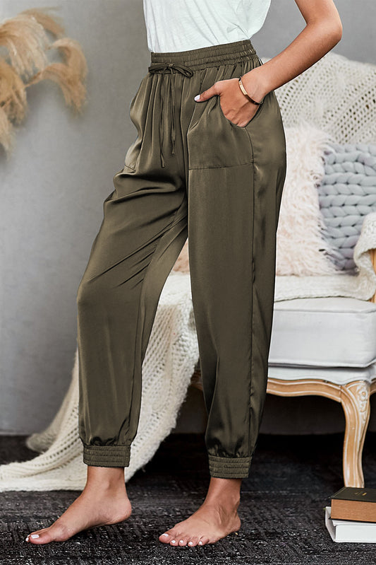 Pocketed Drawstring Satiny Joggers