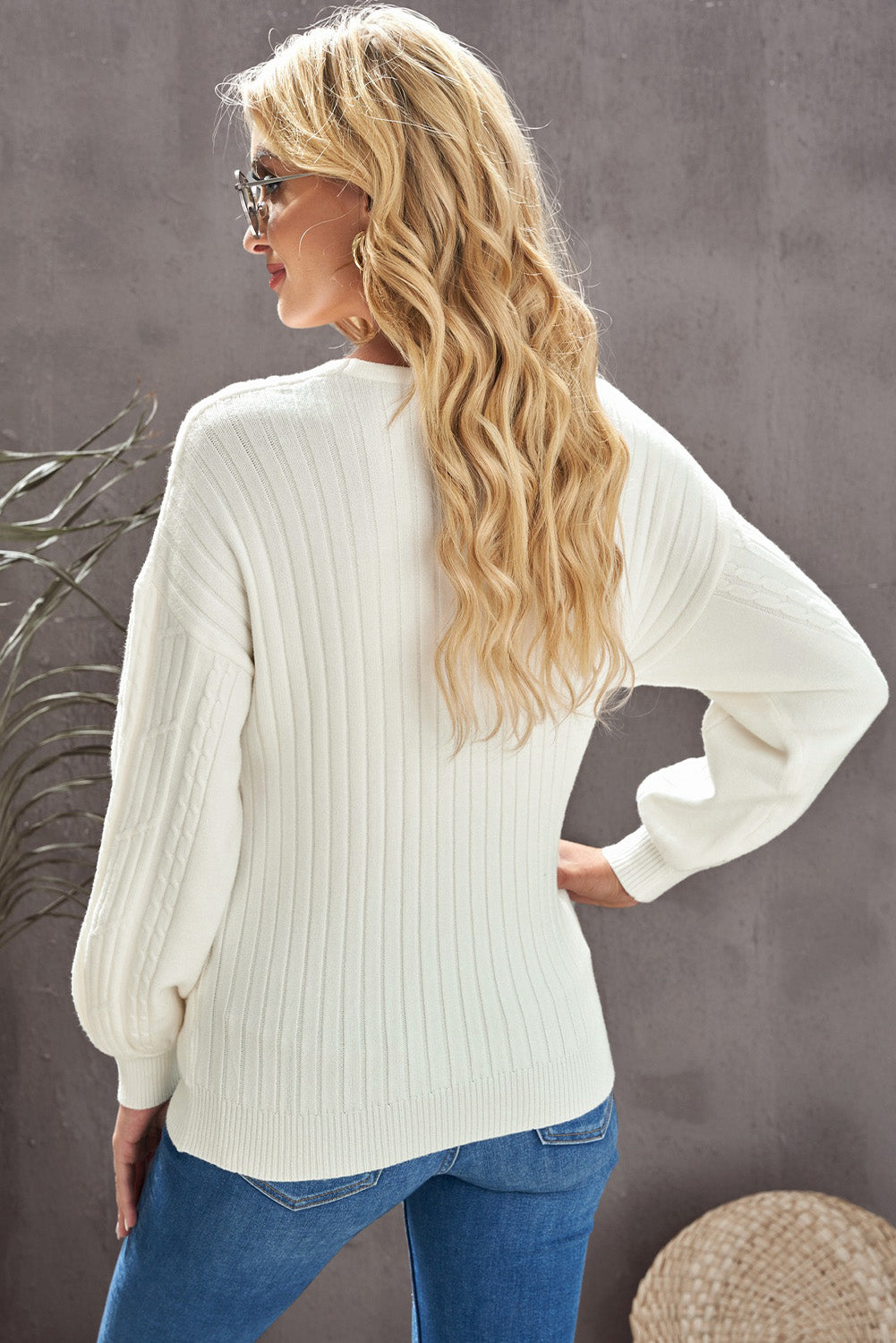 Double Take Ribbed Puff Sleeve Surplice Sweater
